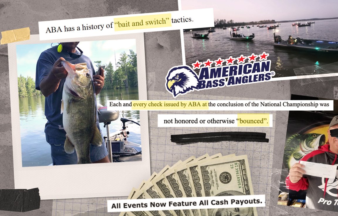Assorted photos about the American Bass Association check bouncing lawsuit.