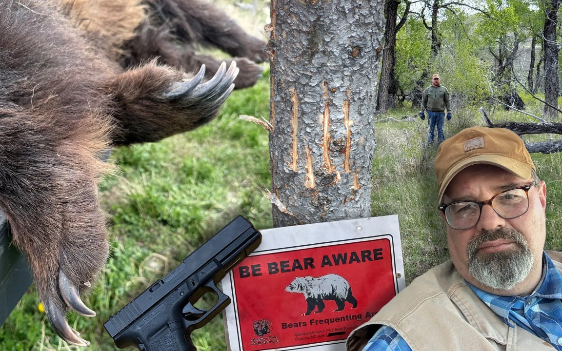 A photo composite of Justin Lee who was charged by a bear