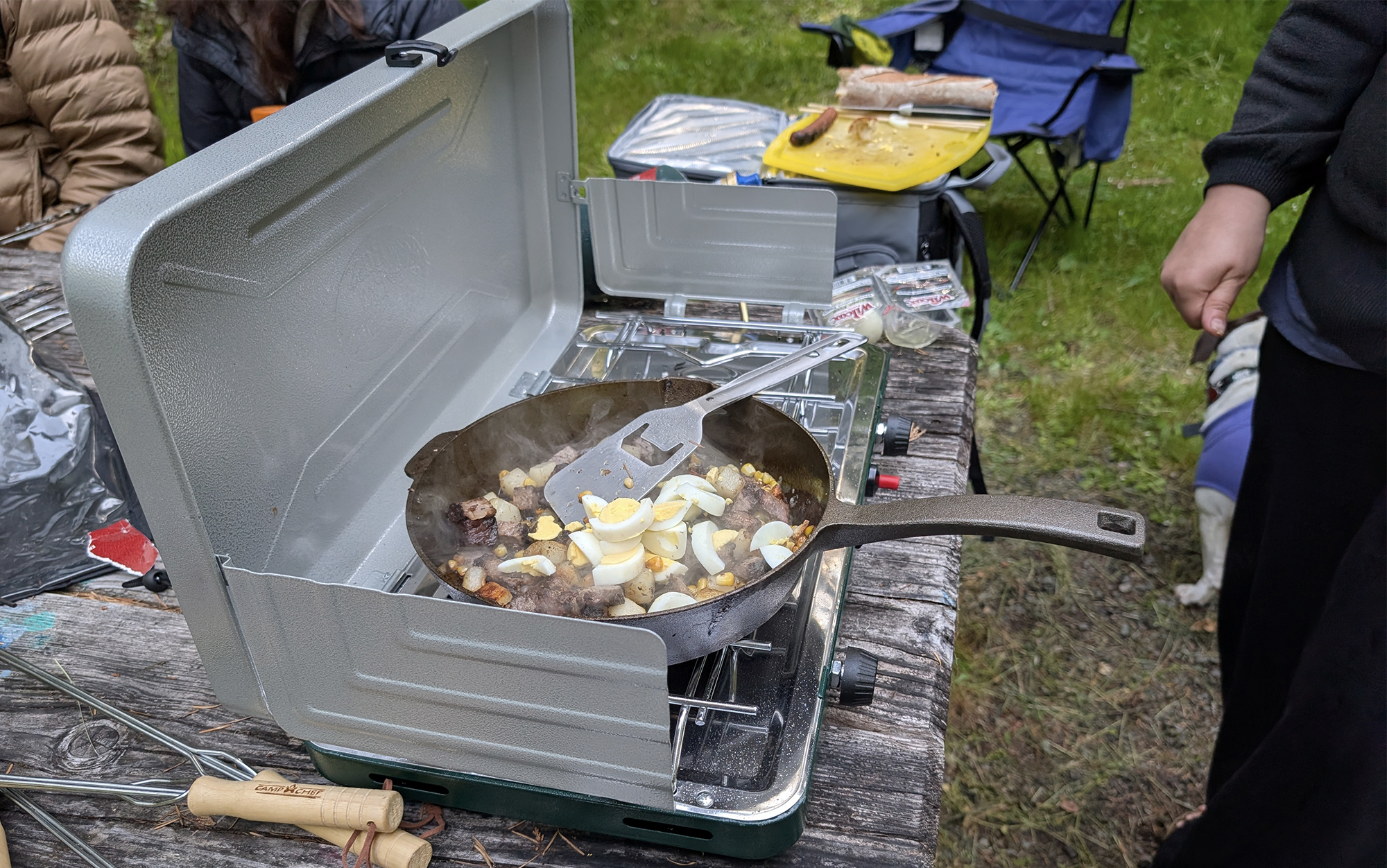 breakfast mash being cooked on the Bass Pro Shops camp stove