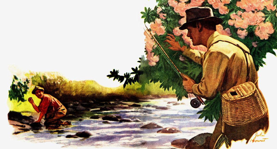 A trout fisherman looks at his buddy catching bait