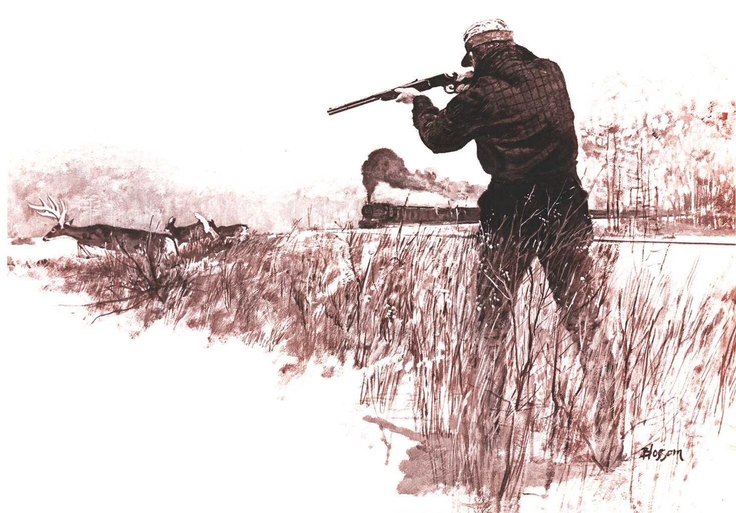 An illustration of Jim Jordan shooting a running giant buck with a lever action.