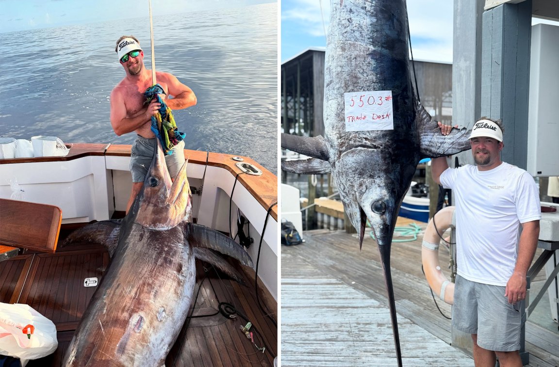 An Alabama angler next to a pending state-record swordfish.