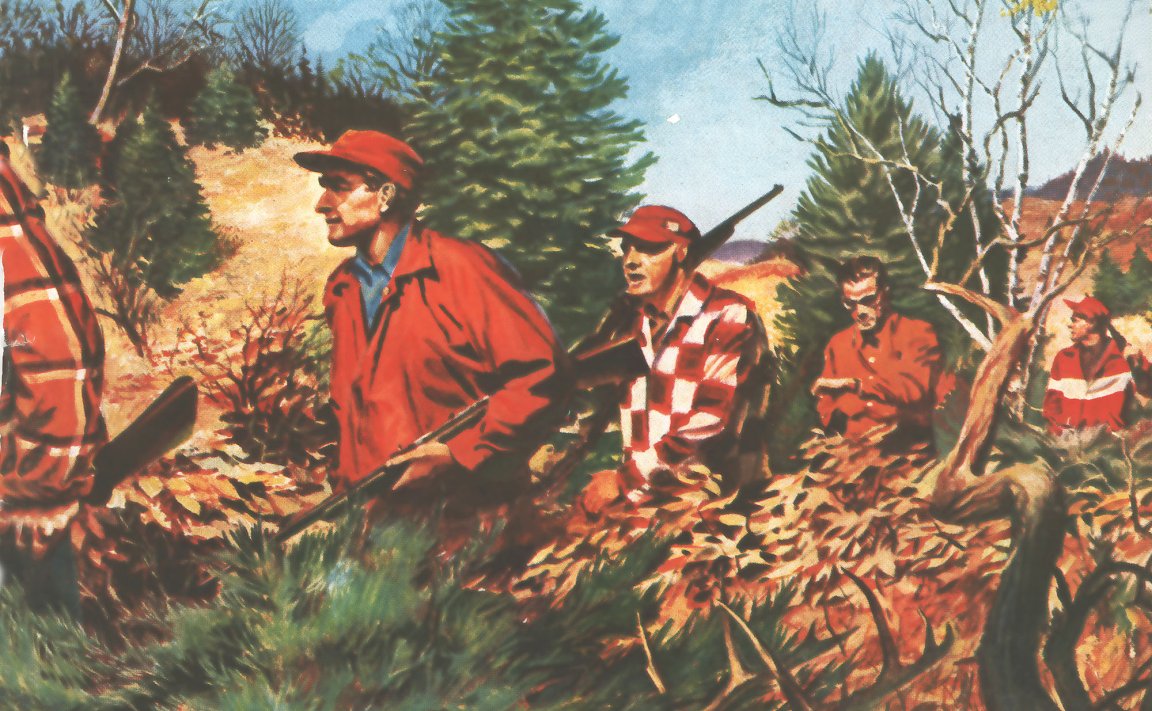 A vintage illustration of hunters in red check.