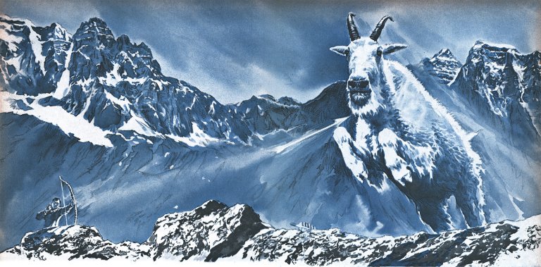 A blue illustration of a man bowhunting a mountain goat billy.