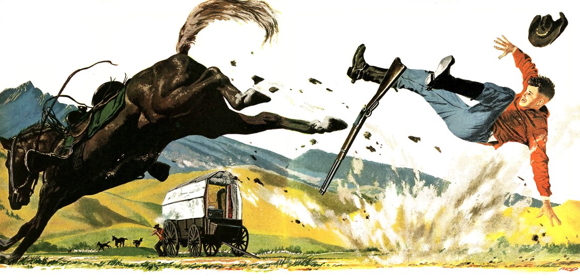 A man gets thrown from his horse with a covered wagon