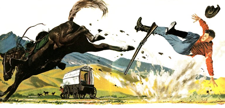 A man gets thrown from his horse with a covered wagon