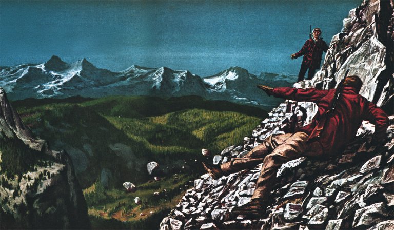 A sheep hunter slips and falls as he decides he can't make it to the sheep.