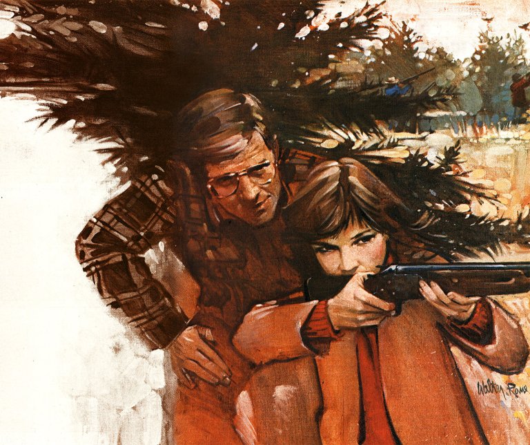 An illustration of a girl looking down a shotgun while her dad, Tom Kelly, stands beside her.