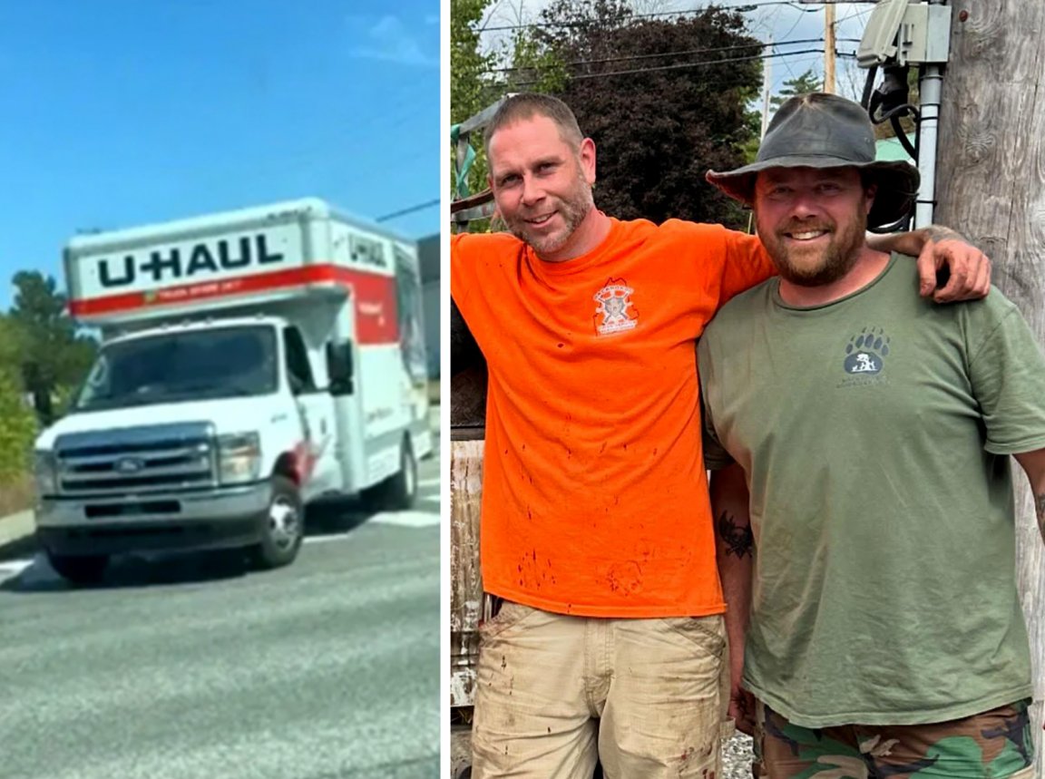 A U-Haul truck on a road; two hunting guide buddies in Maine.