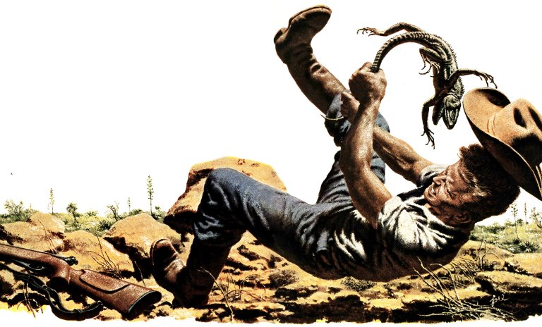 An illustration of an iguana jumping on a hunter in Mexico