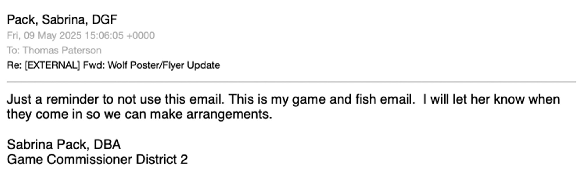 A screenshot of on email from a New Mexico wildlife commissioner.