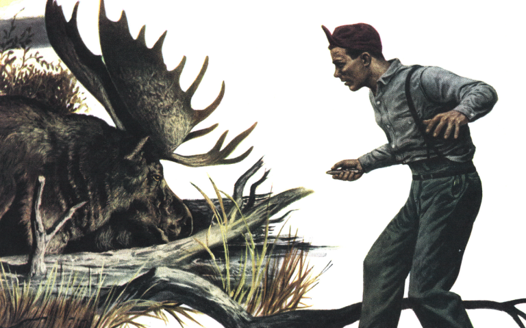A young hunter approaches a bull moose in an illustration.