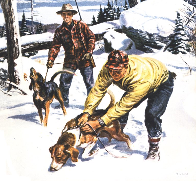 A man unleashes a hound in the snow.