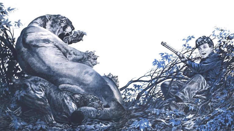 A blue illustration of a big cougar fighting a dog while a scared boy falls nearby