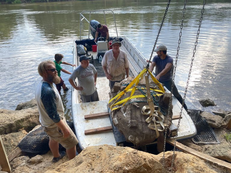 A team loads a fossilized rock contain a turtle shell into a boat in Alabama.