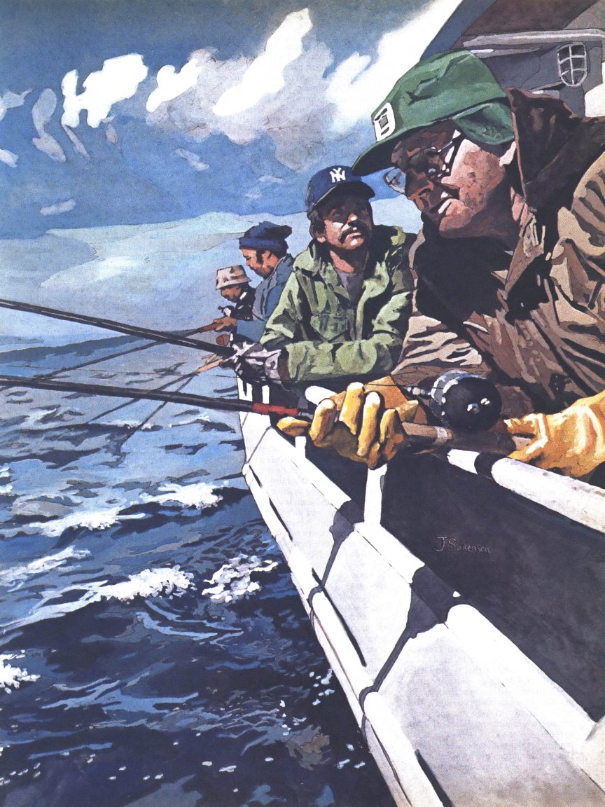 A painting of four fishermen leaning over the gunnel of a boat.