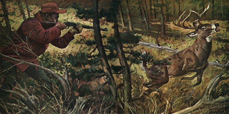 An illustration of a buck running through the woods and a hunter aiming at it.