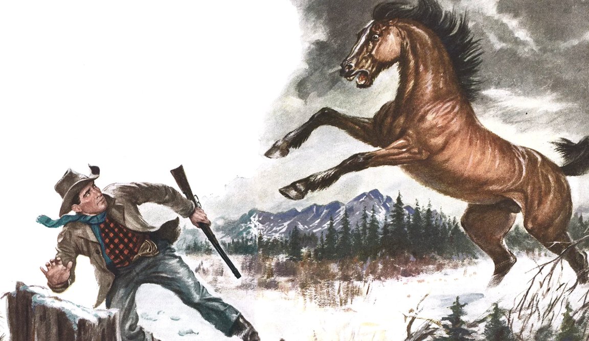 A wild horse rears up over a hunter in red check.