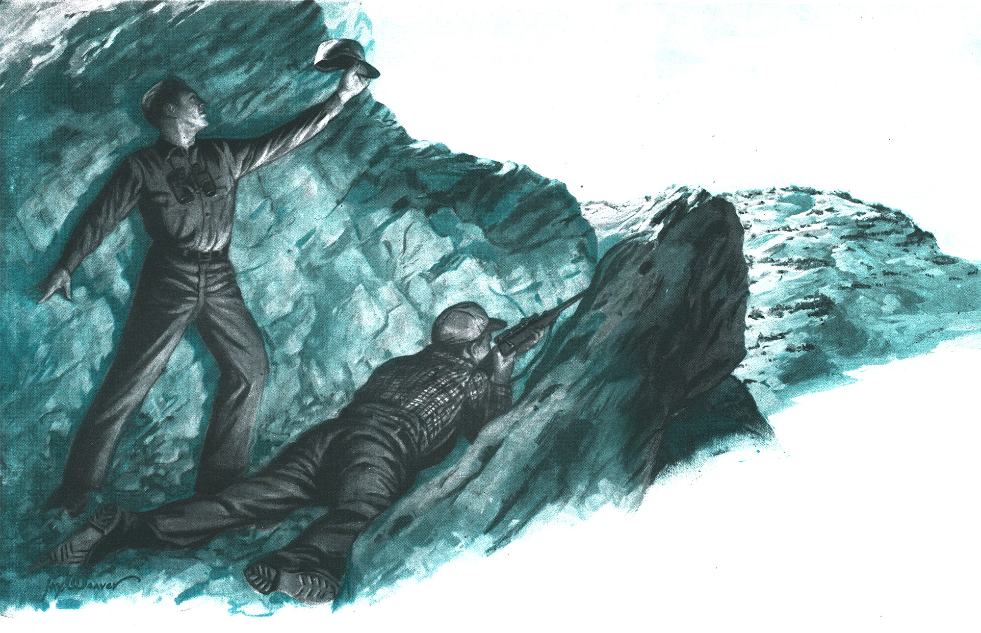 A blue illustration of two antelope hunters