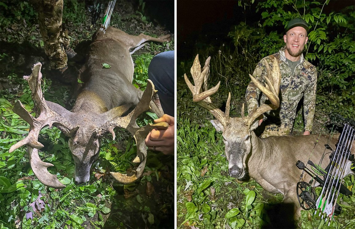 Two photos of a big wisconsin buck with tons of mass.