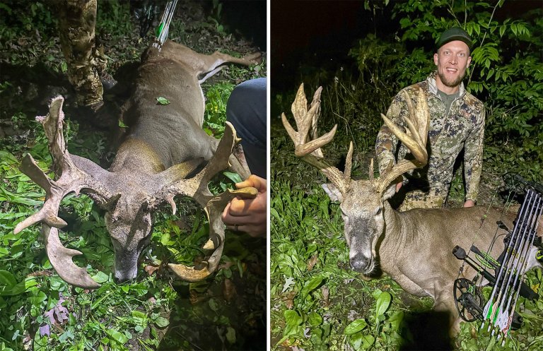 Two photos of a big wisconsin buck with tons of mass.