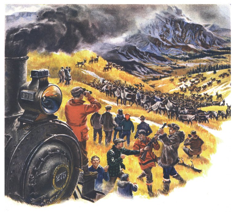 An illustration of Alaskan settlers seeing caribou in the early 1900s.