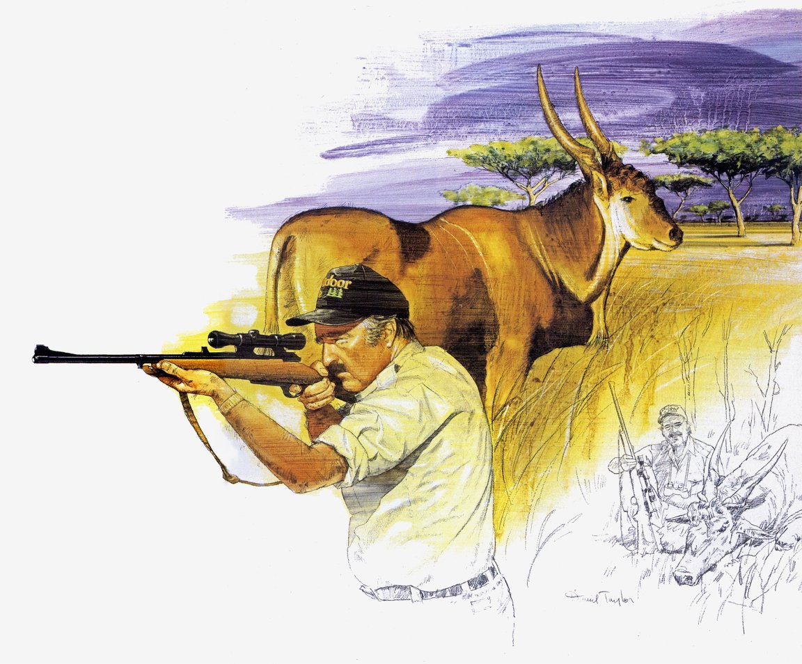 An illustration of Jim Carmichel shooting offhand with an eland in the background.