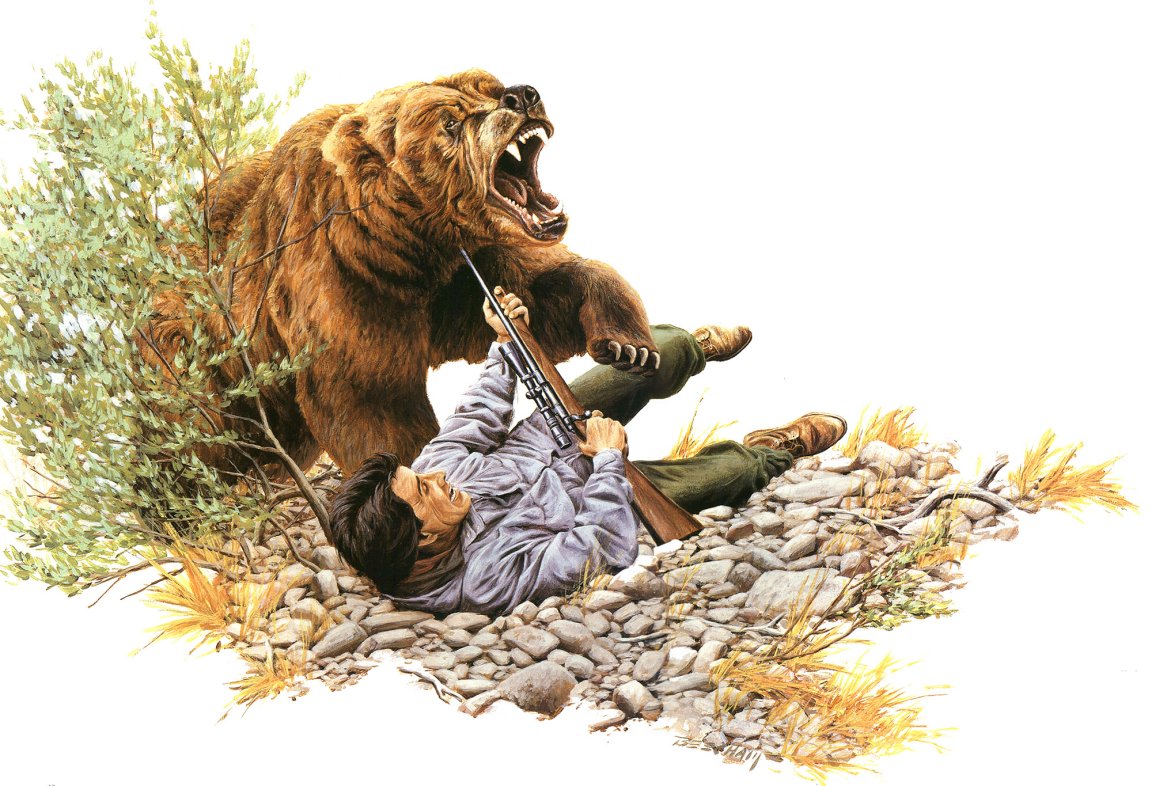 An illustration of a grizzly mauling a man with a wooden rifle in Alaska.
