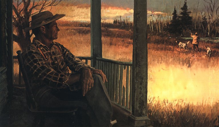 An illustration of a grouse hunter sitting on a porch.