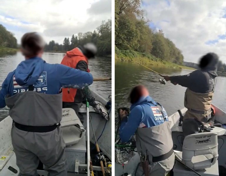 Two fishermen filming themselves on the river.