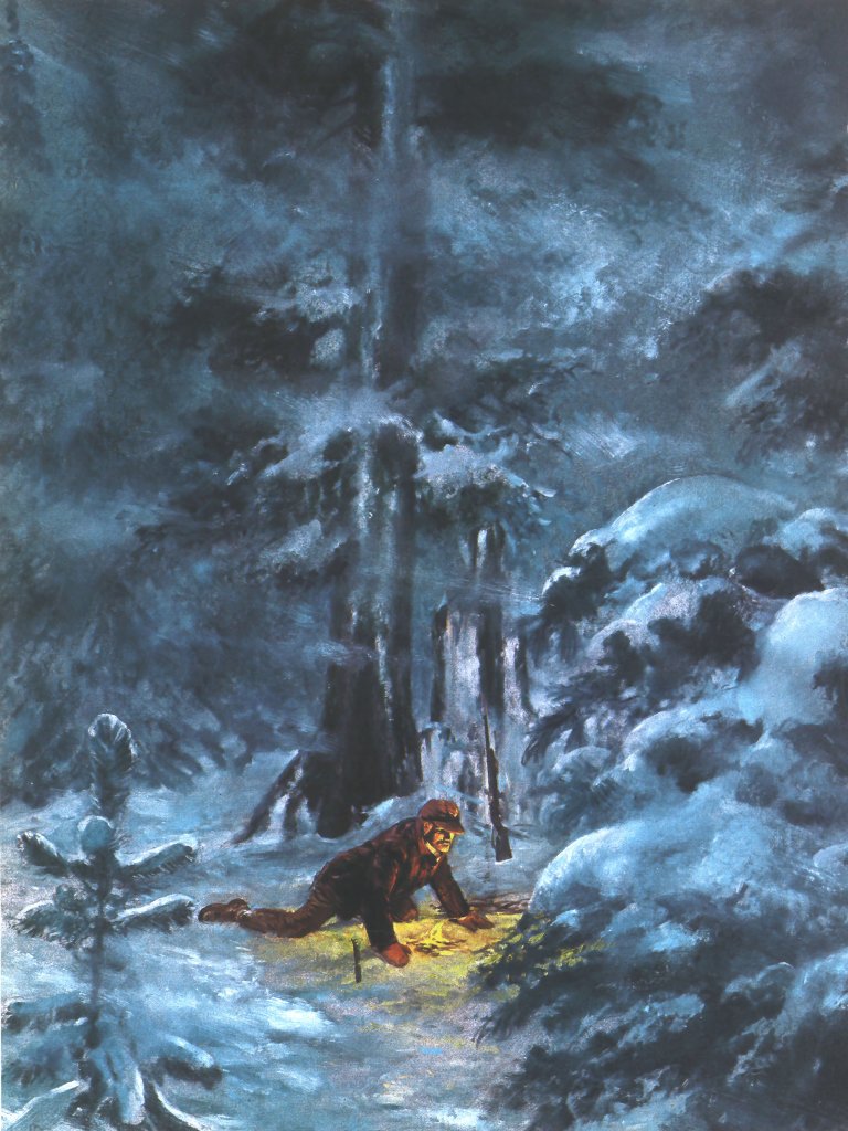 An illustration of a man kneeling in the snow over a fire.