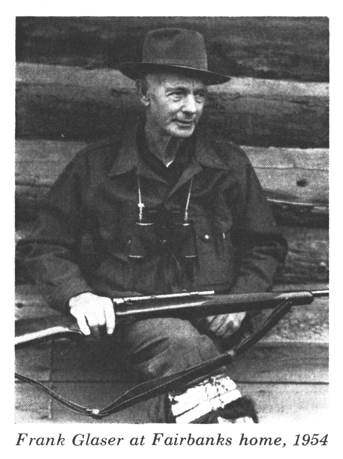 A black and white portrait of Frank Glaser, Alaska's wolf man.