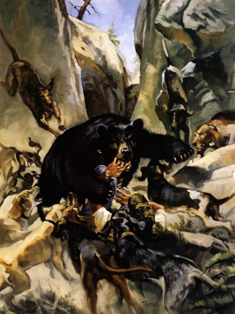 An illustration of a bear biting the hand of a West Virginia houndsman.