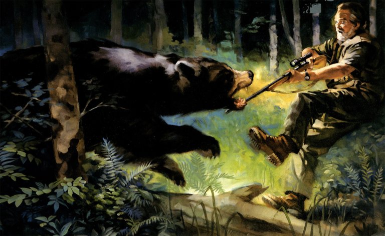 A moose hunter falls backward as a black bear charges