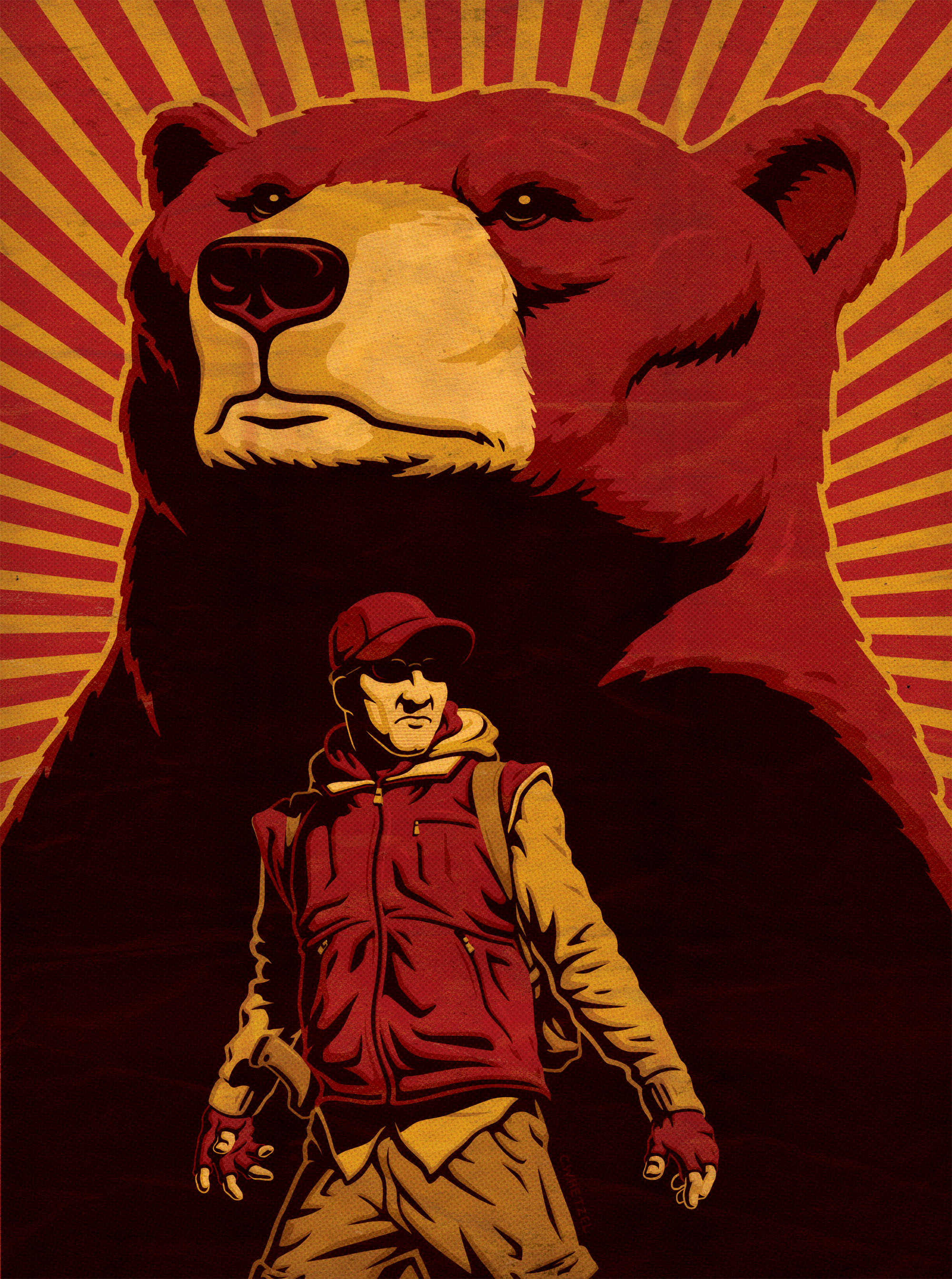 An illustration of a bear and a man in the soviet style of red and yellow.