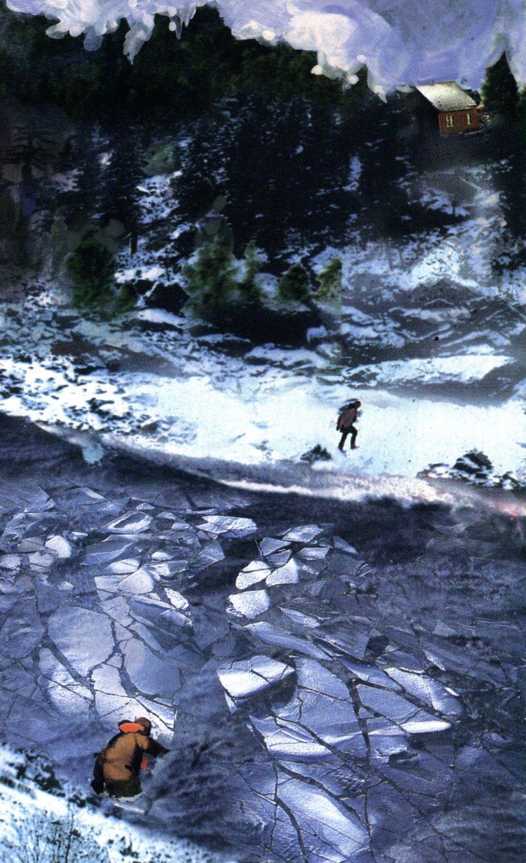 An illustration of two figures crossing an icy channel to reach a cabin