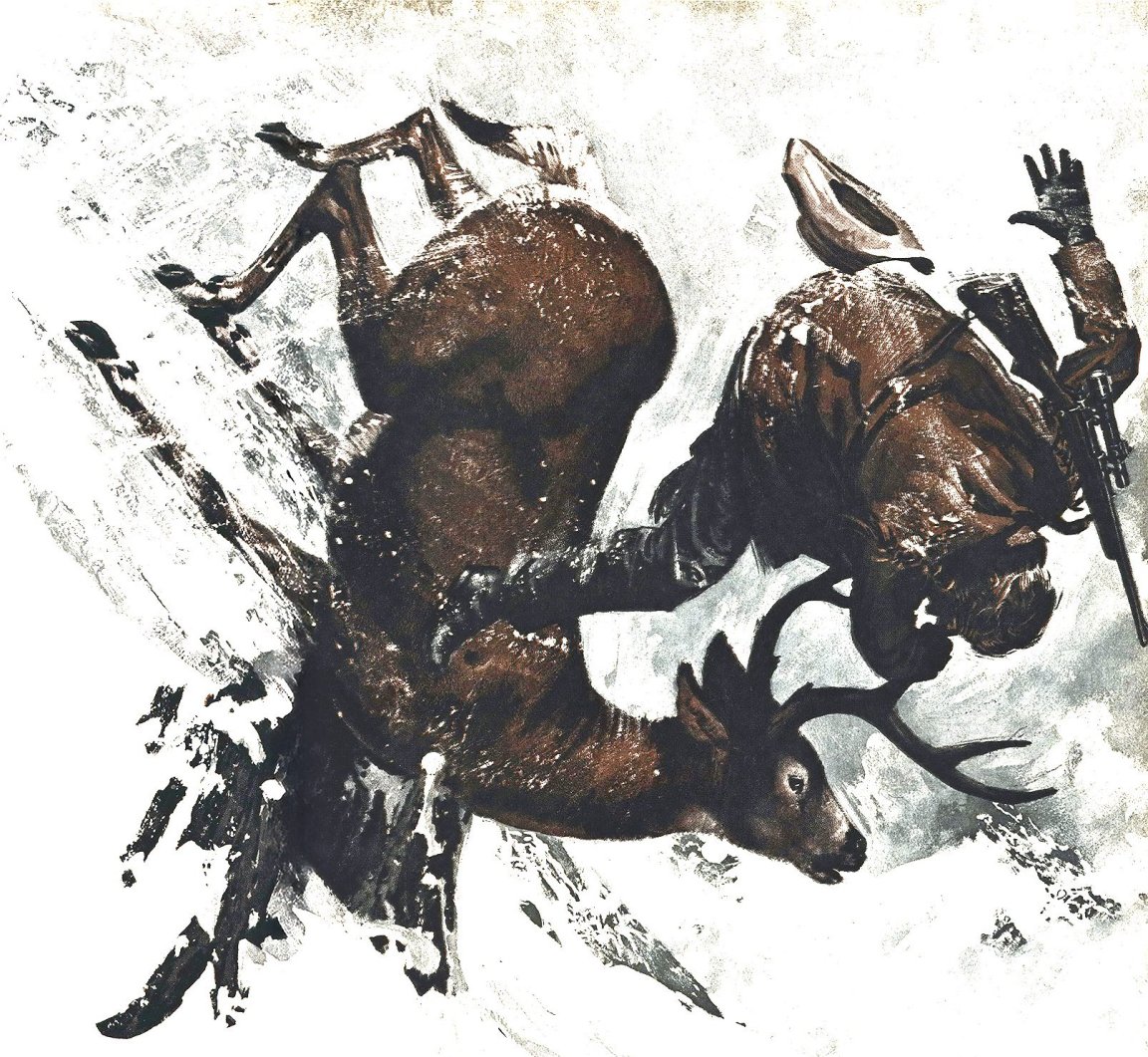 An illustration of a man and a buck falling down a snowy hillside.