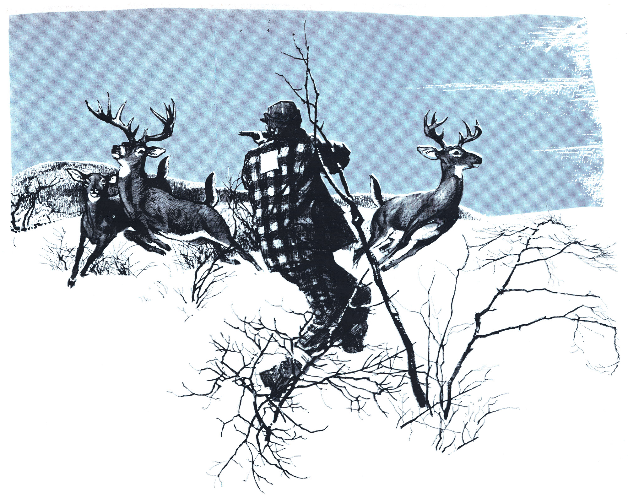 An illustration of a hunter in a checked coat scrambling to shoot the McCullough buck.