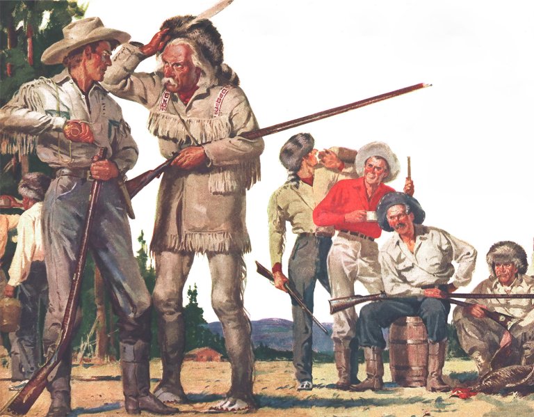 An illustration of a man with a hawken rifle near a crowd.