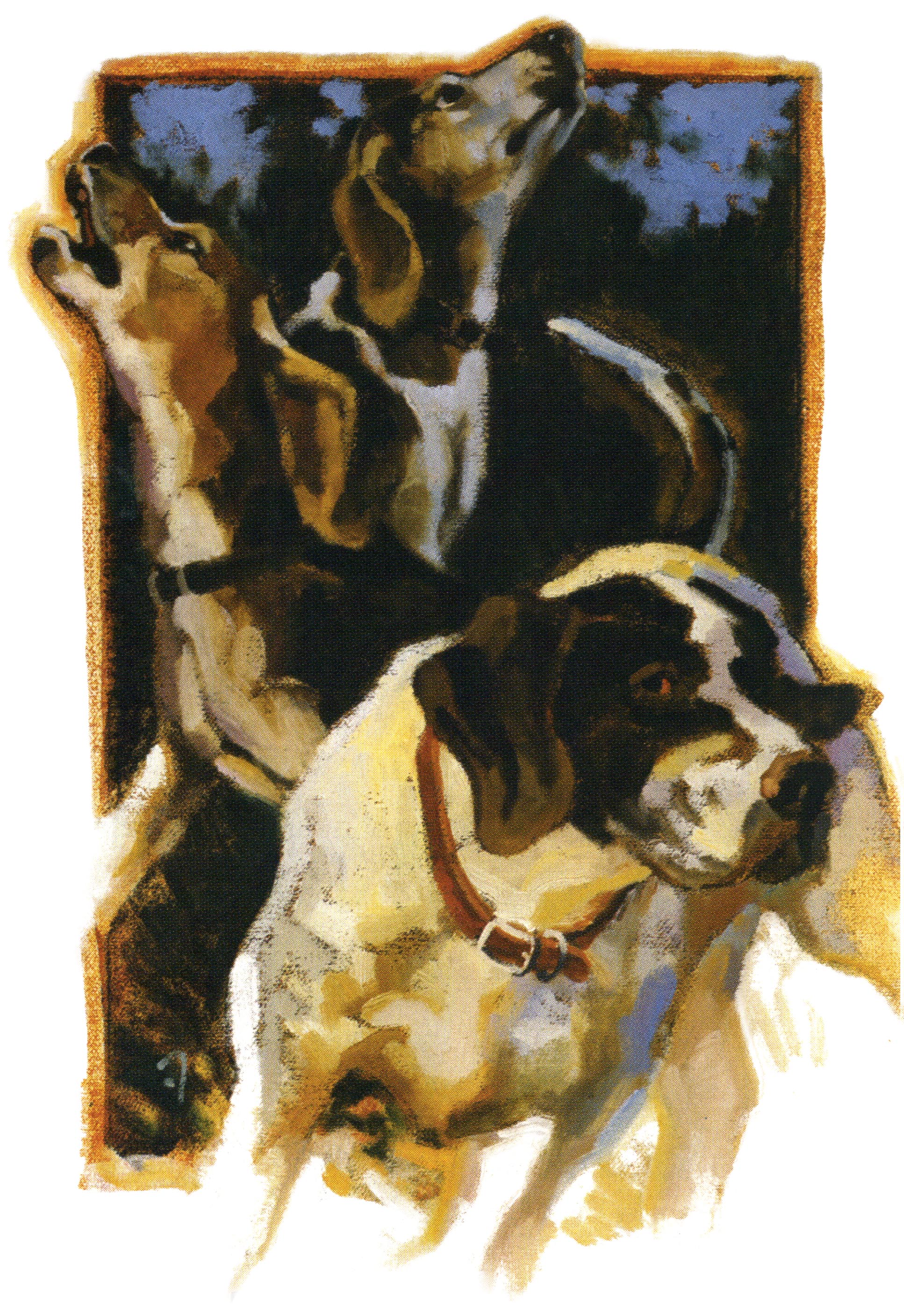 A painting of three bear hounds
