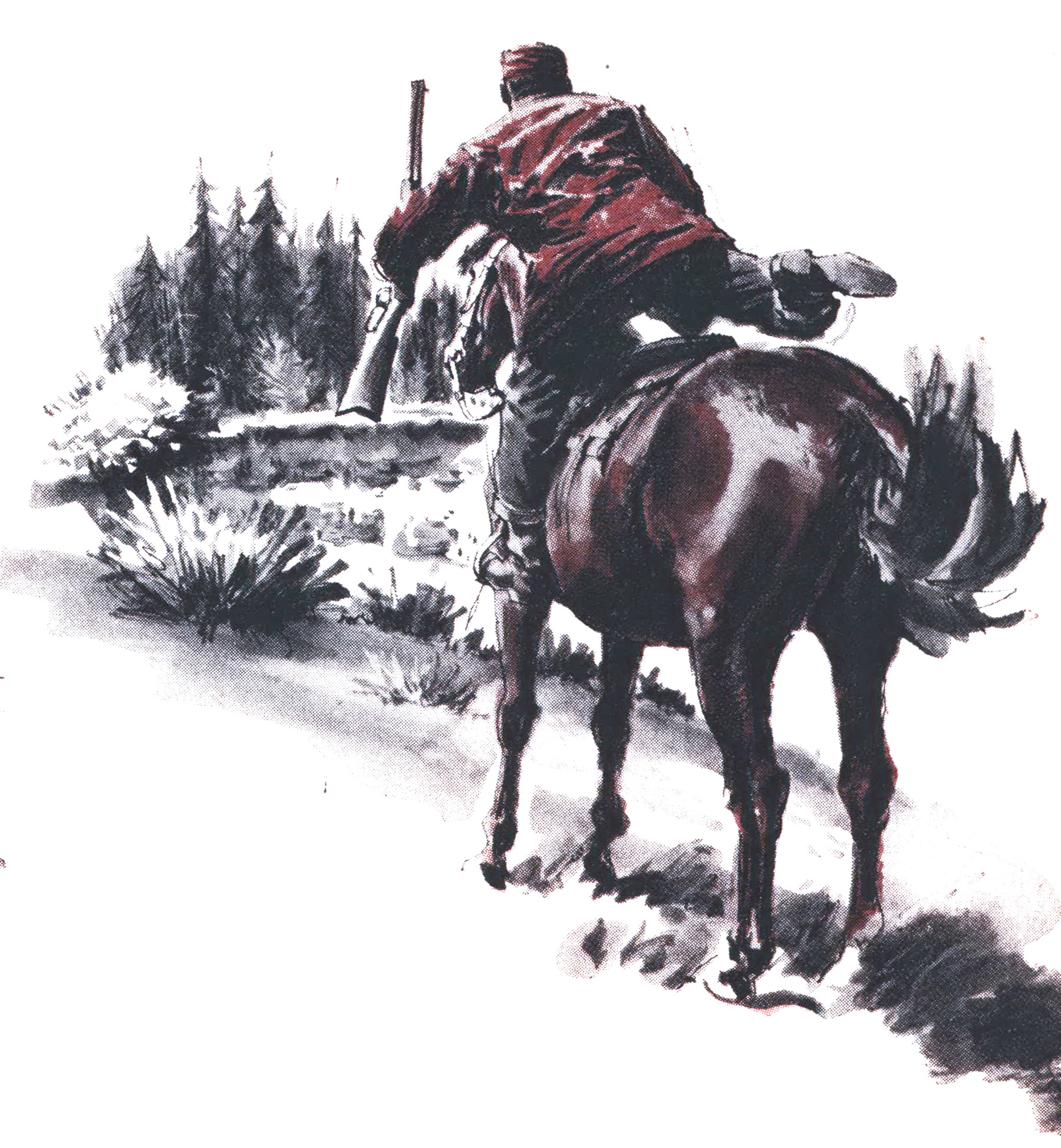 A black and white and red illustration of a hunter swinging off a horse.