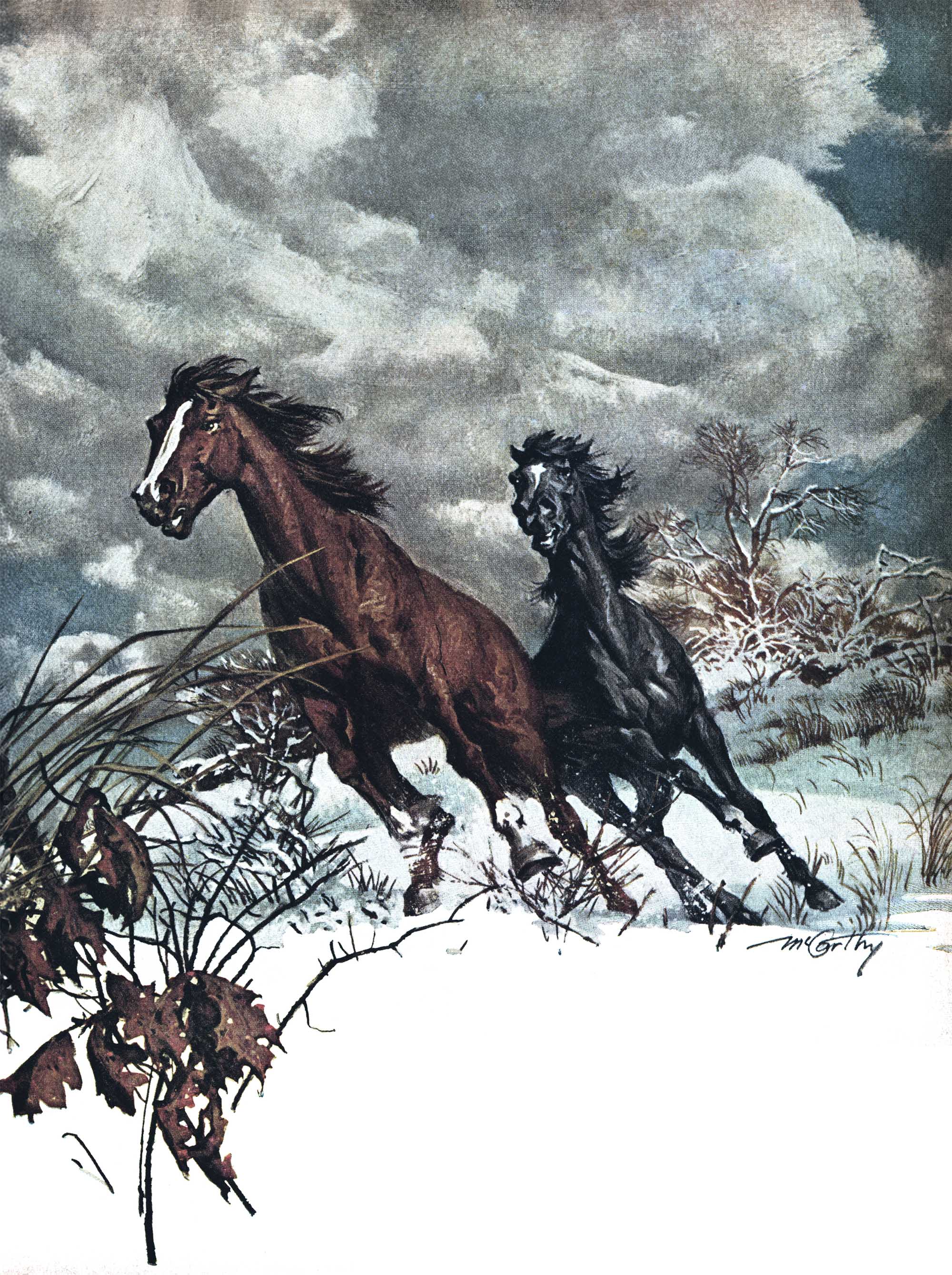 An illustration of two ponies running in a stormy snowy field.