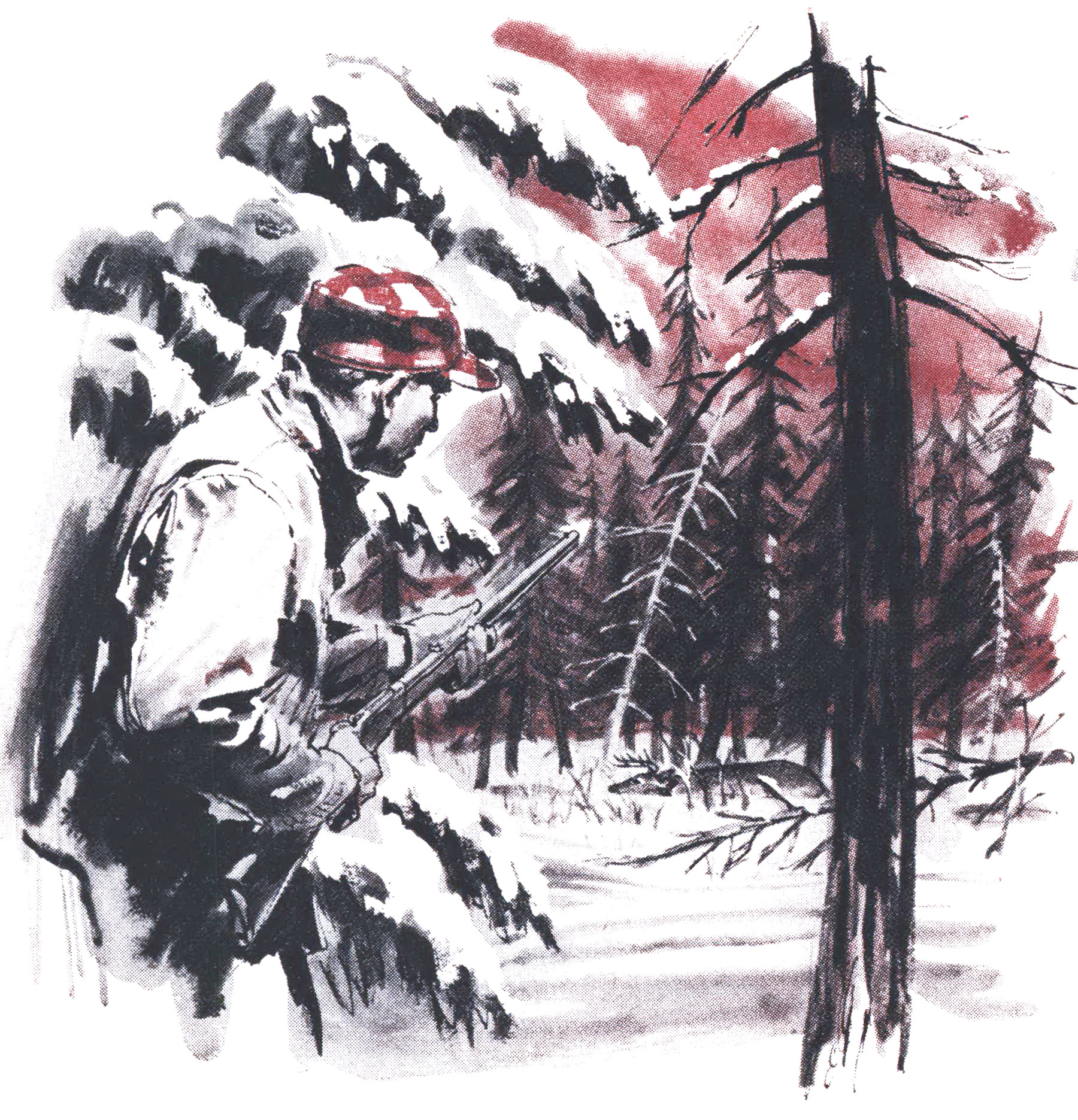 An illustration of a hunter in the timber and snow.
