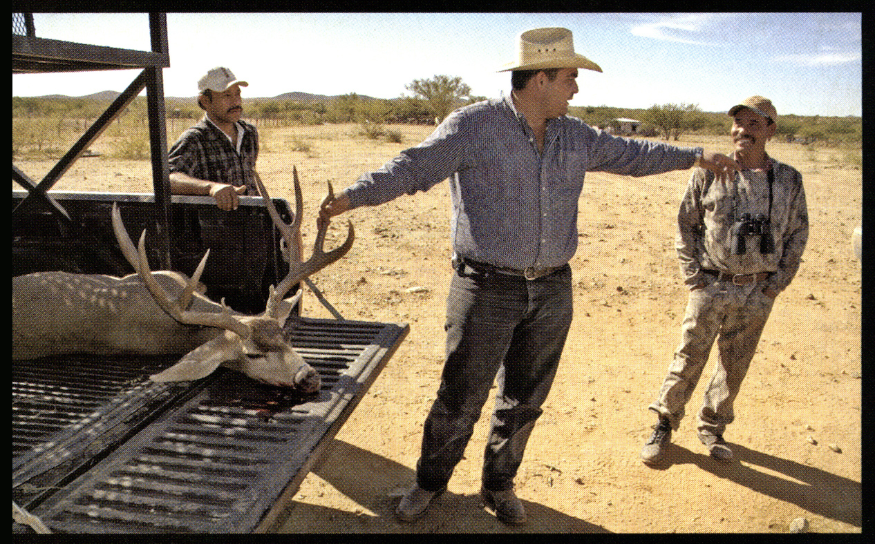 A photo of a hunter admiring a nice mule deer buck on a tailgate.