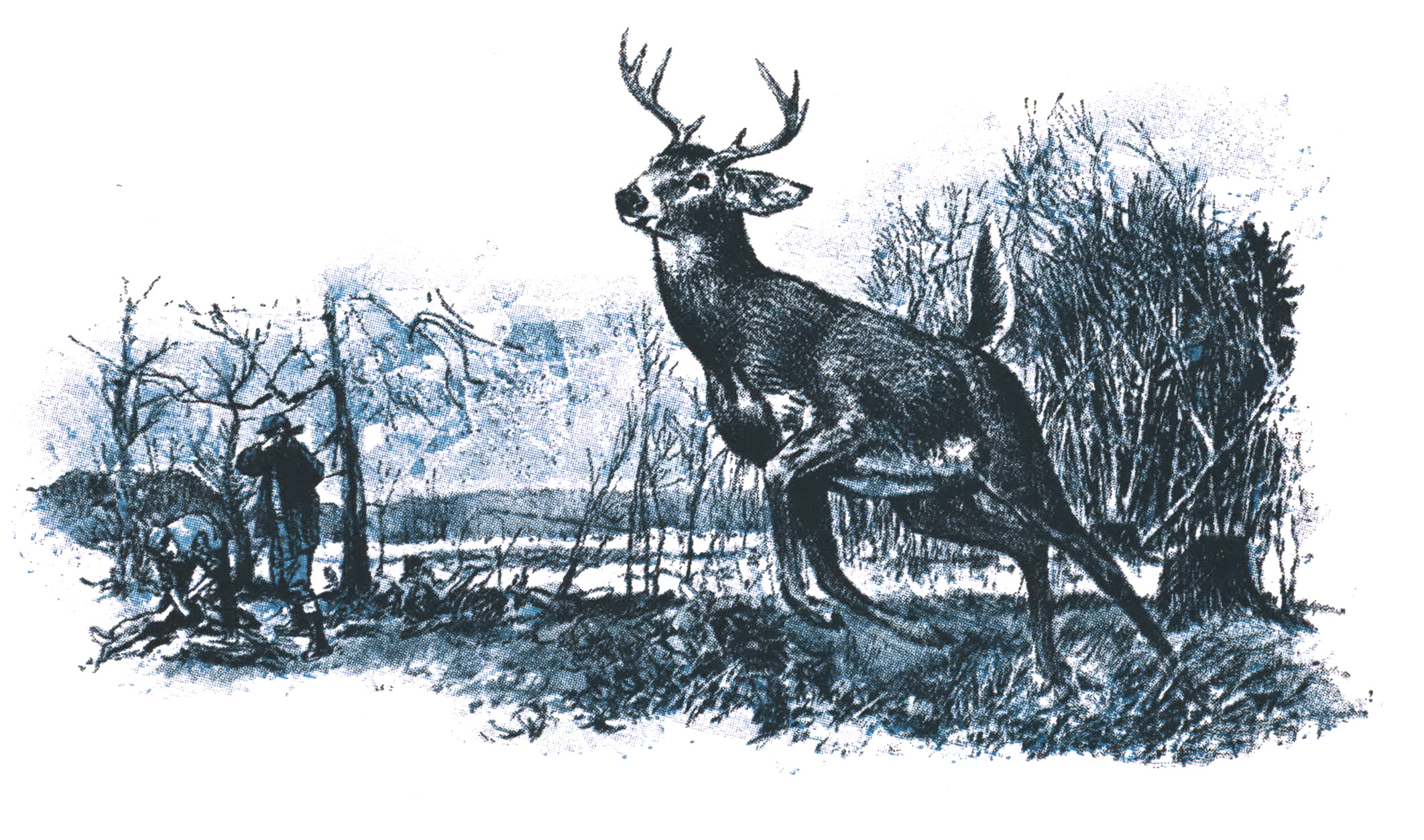 A blue illustration of a deer running.