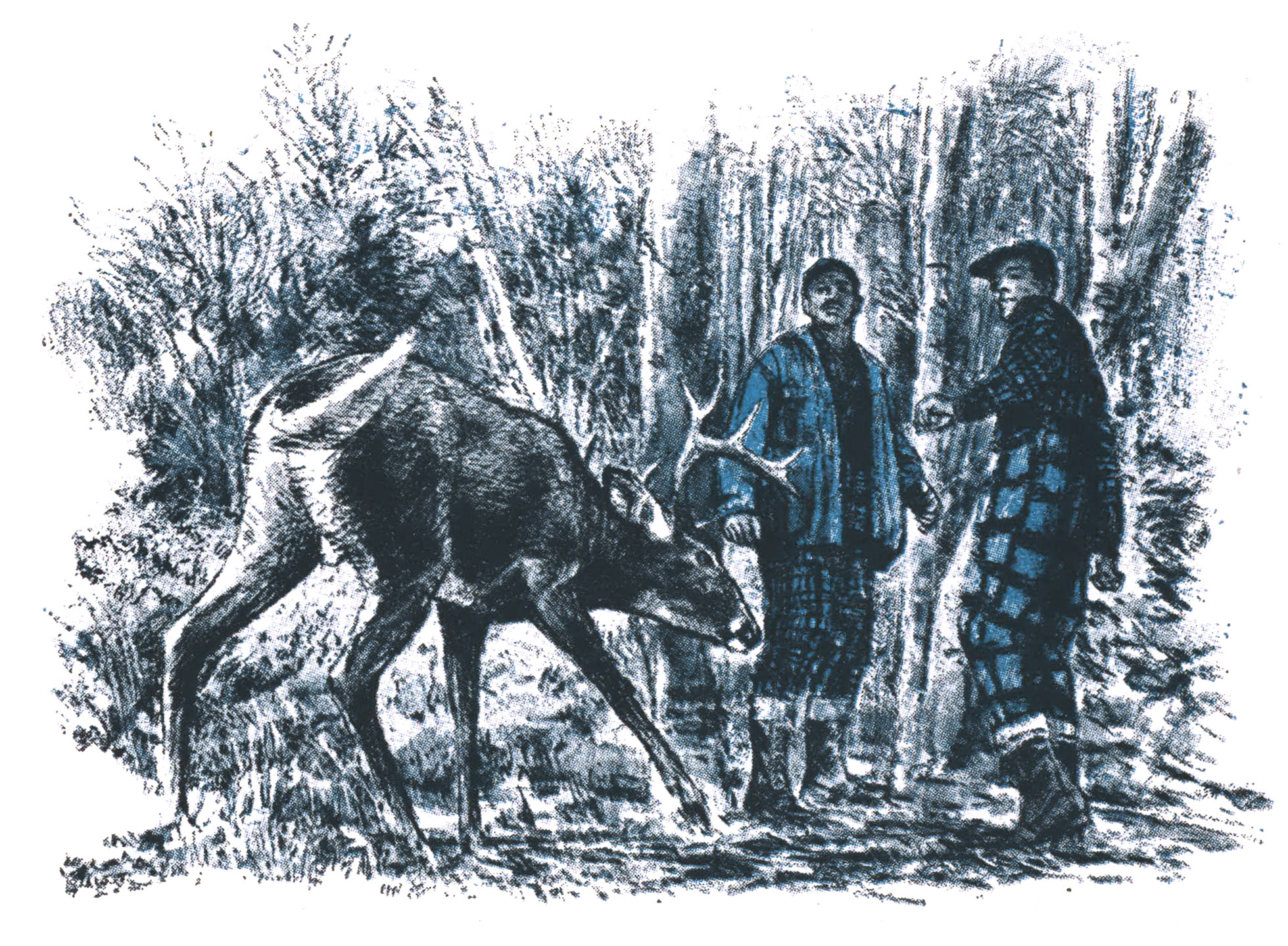 A blue illustration with bucks.