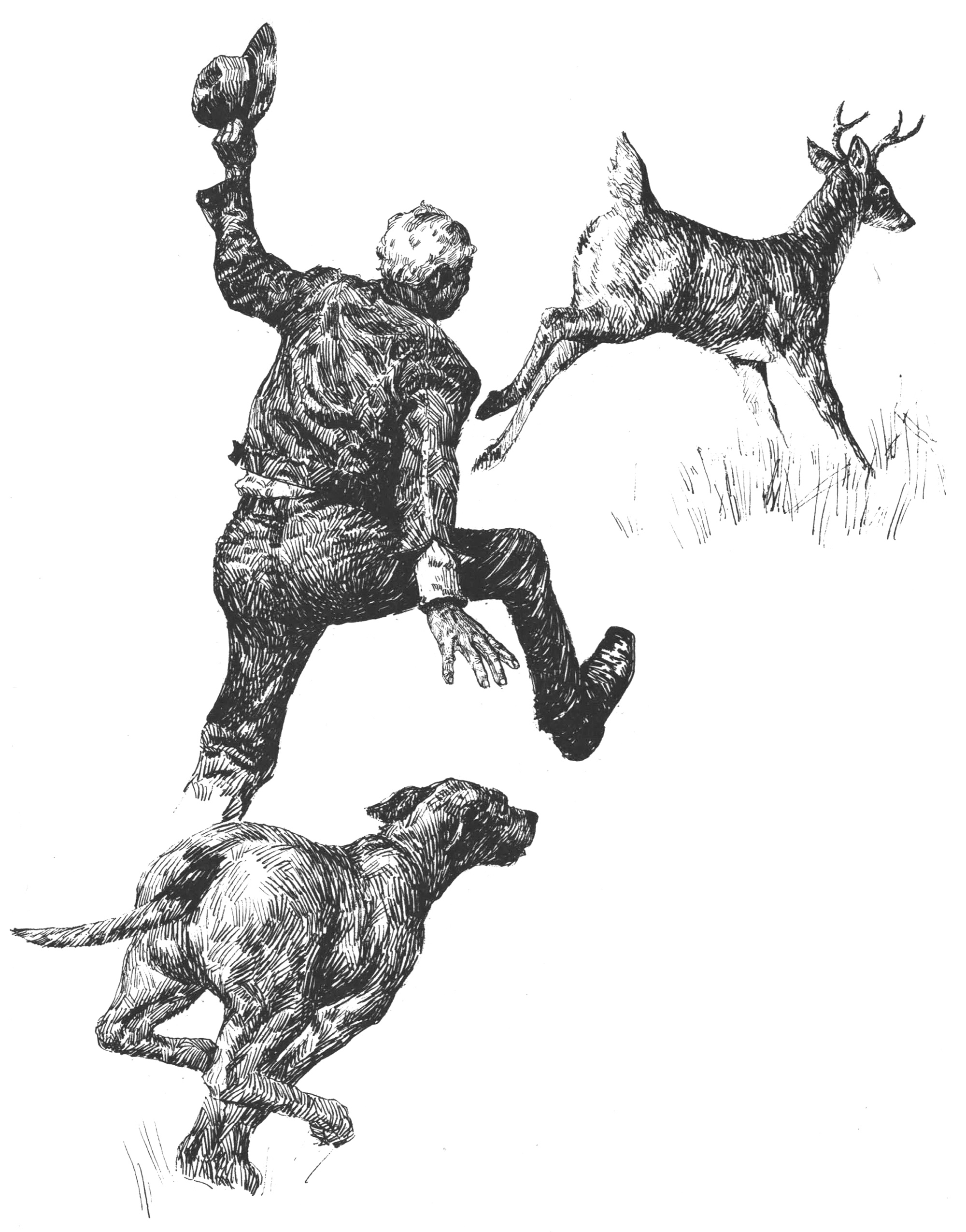 A black and white illustration of a man and a dog running after a young buckk.