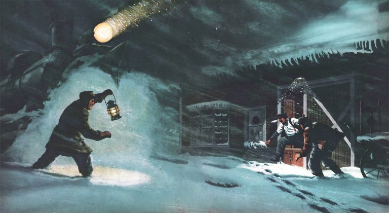 An illustration of a train in snow with griz tracks