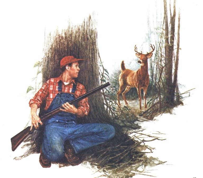 A hunter in blue overalls sits behind a tree looking at a deer in this illustration.