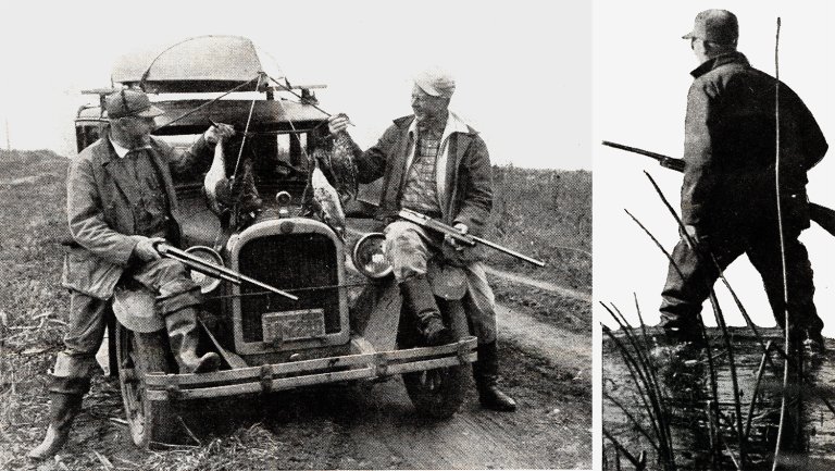 Old BW photo of hunters with car, hunter walking in marsh